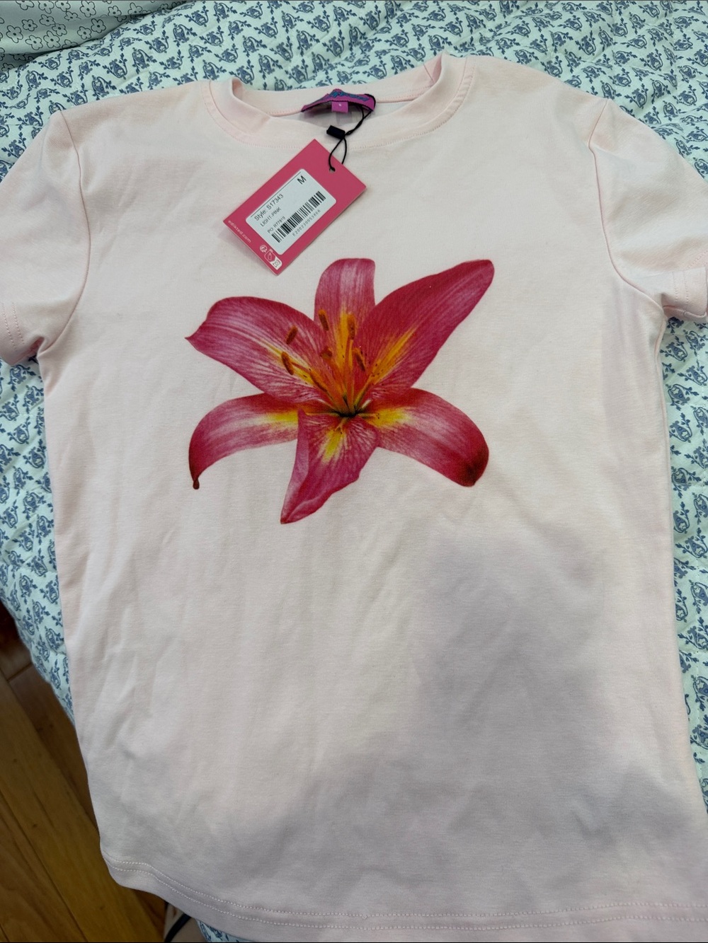 Edikted Light Pink Tee with Pink & Yellow Lily Graphic